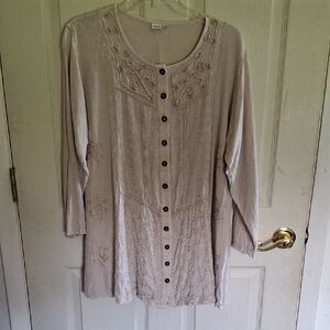 Embroidered Beige Button-Down Women's Top, XL